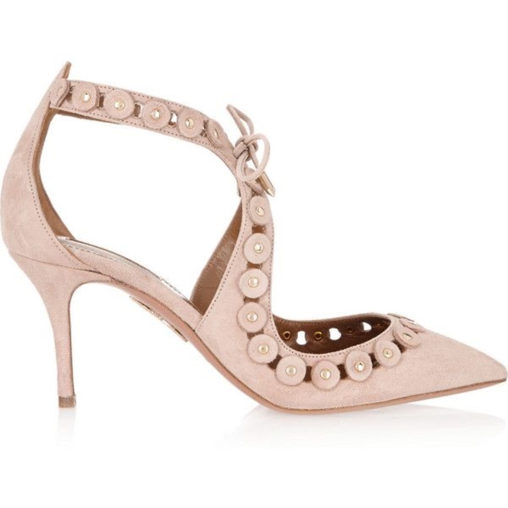 Aquazzura Theo Suede Studded Pumps EU 38.5 Nude Lace Up Pointed Toe Heels